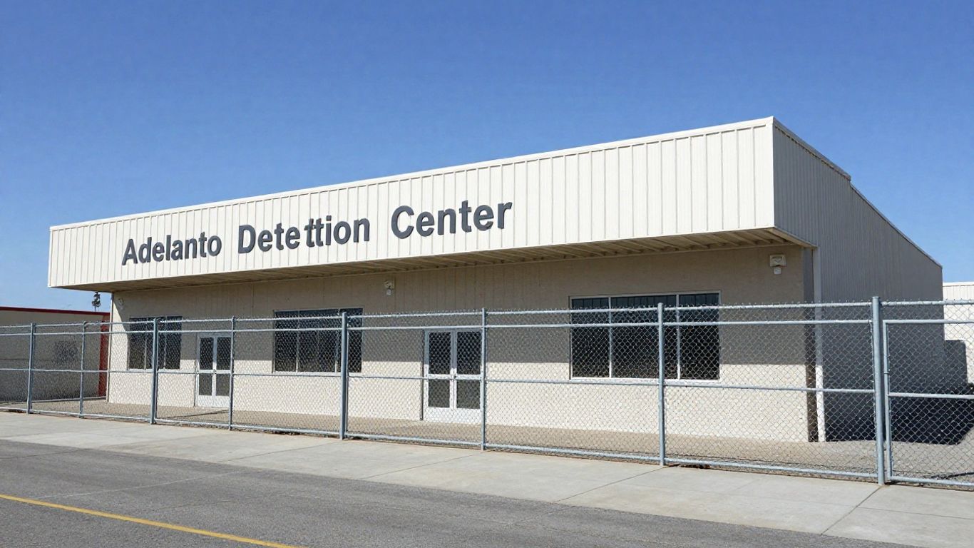Adelanto Detention Center exterior under a clear sky.