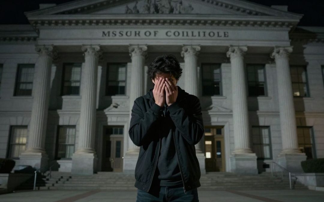 Person looking worried outside government building.