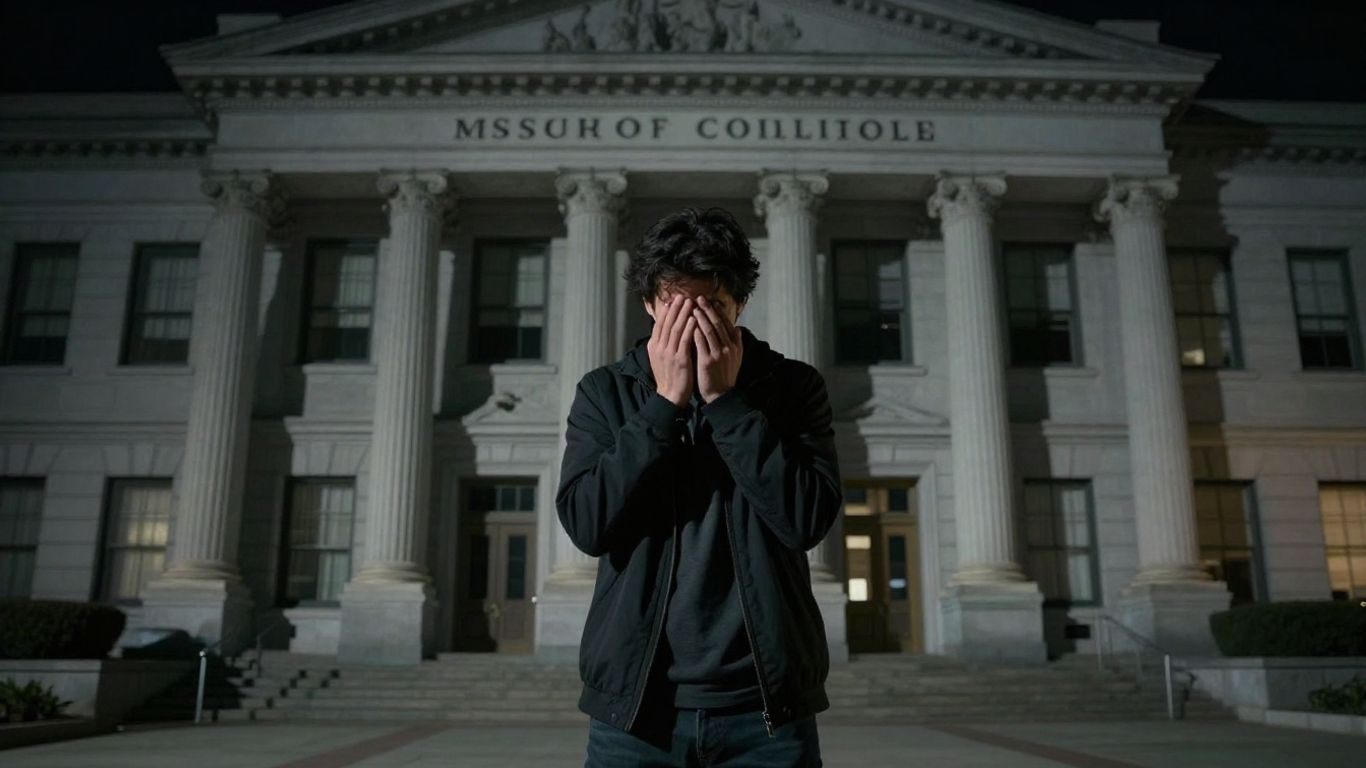 Person looking worried outside government building.