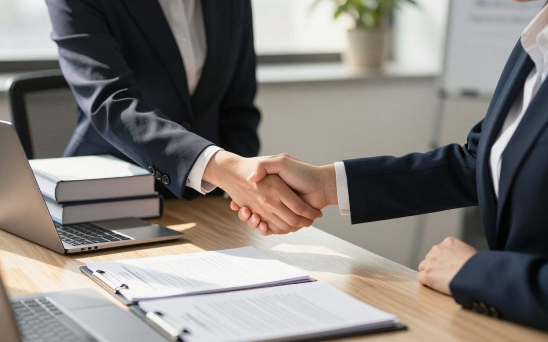 Immigration attorney and client shaking hands in office.