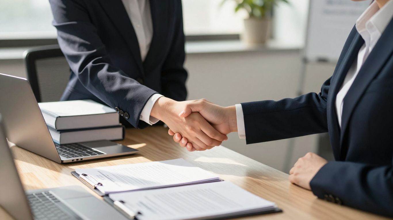 Immigration attorney and client shaking hands in office.