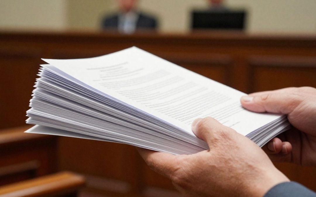 Documents and courthouse for immigration case.
