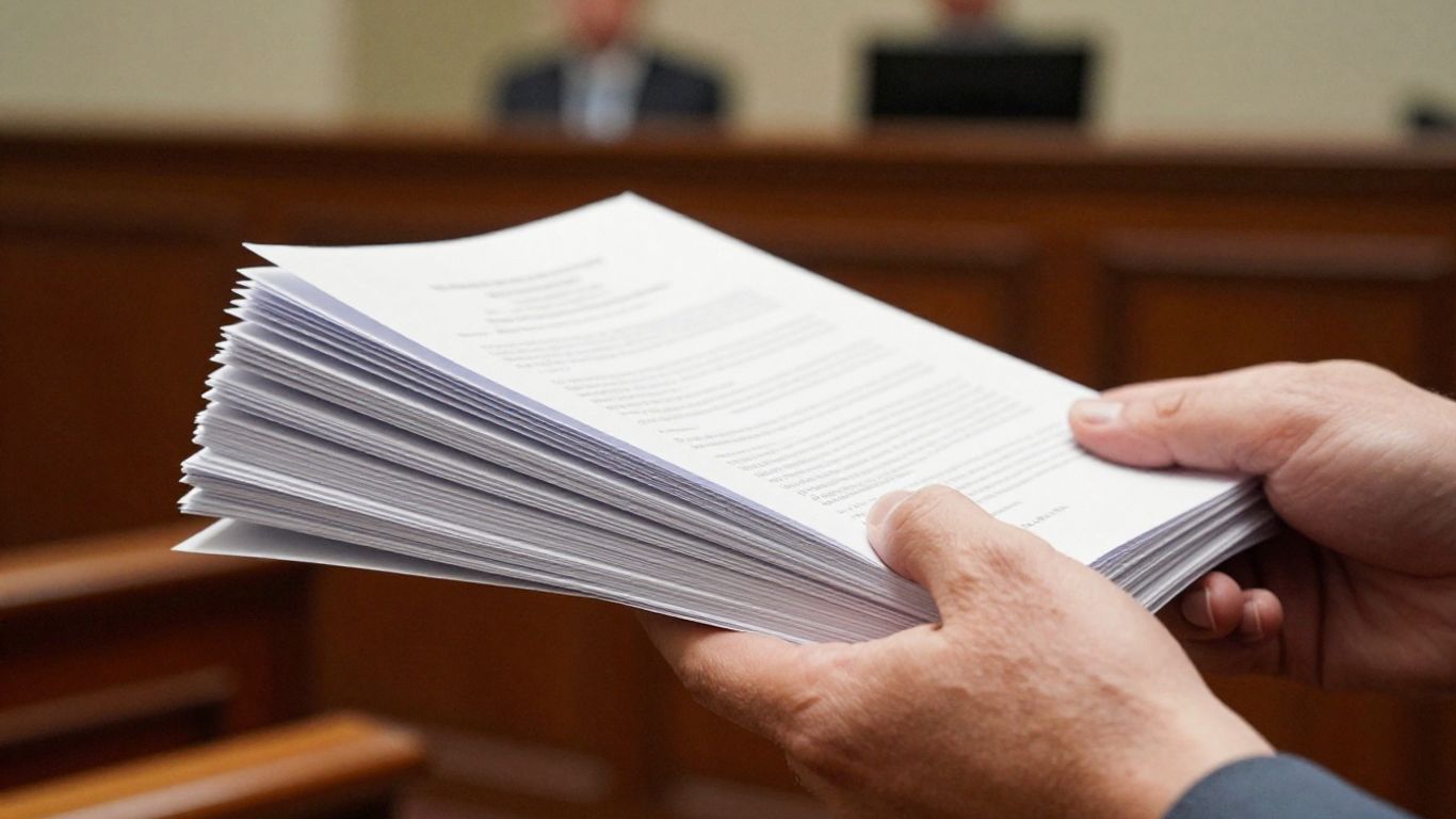 Documents and courthouse for immigration case.