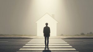 Person at crossroads, looking towards home and future path.