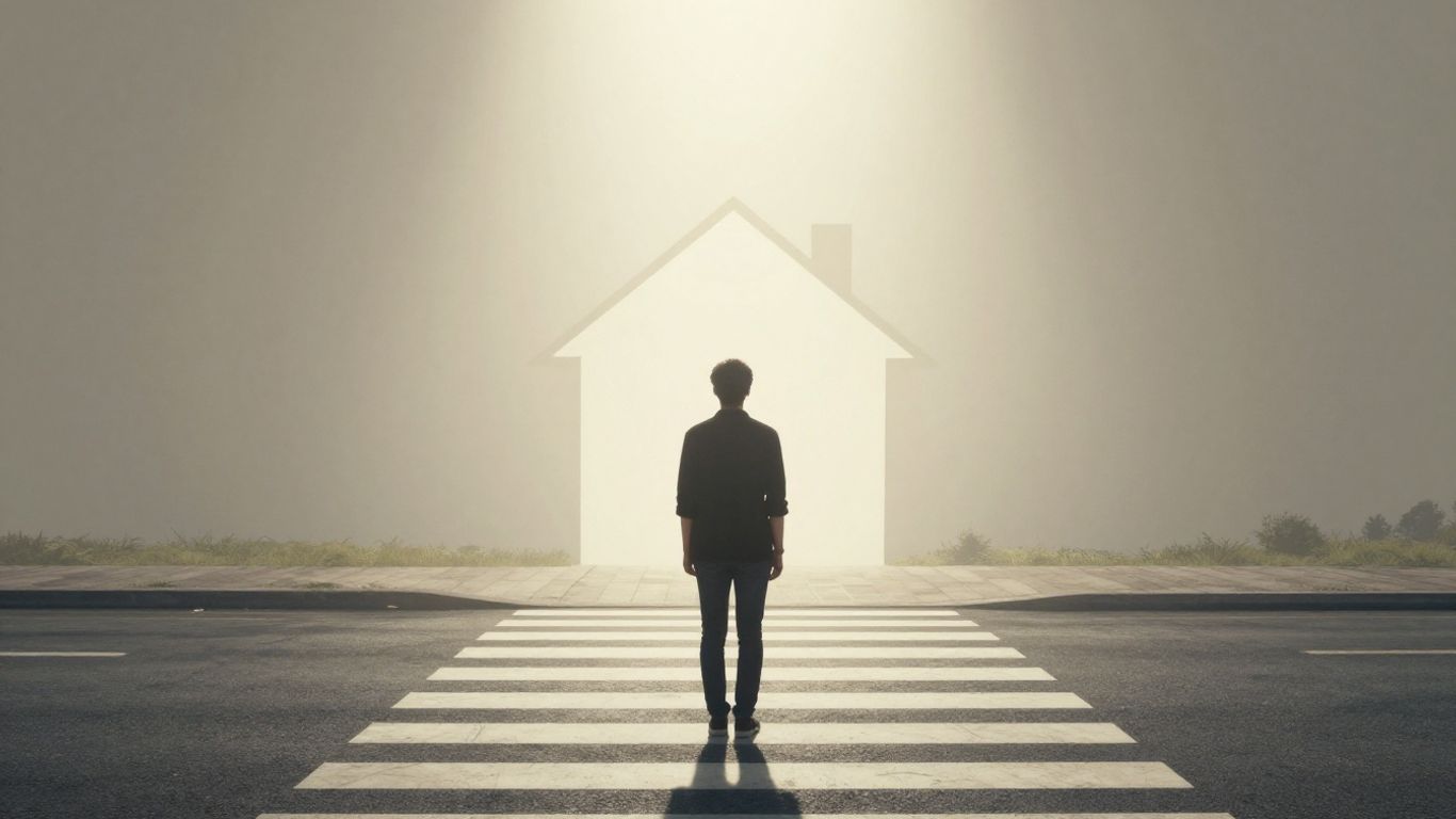 Person at crossroads, looking towards home and future path.
