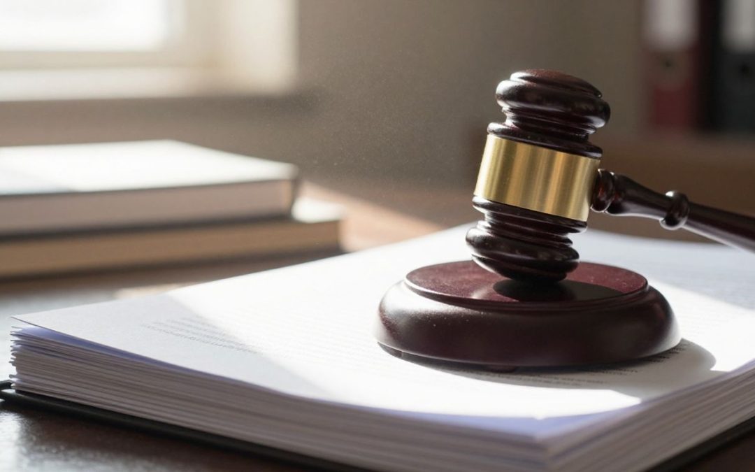 Gavel on legal documents, courtroom background.