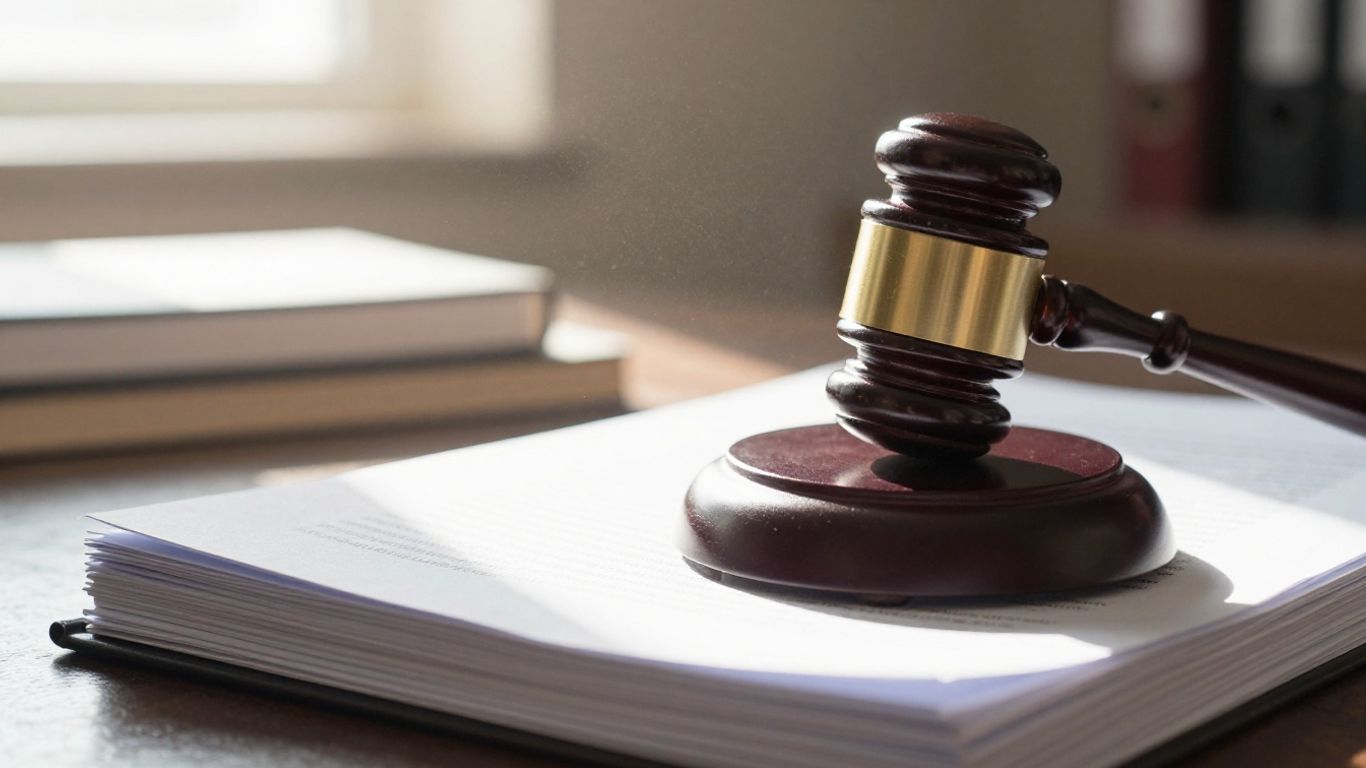Gavel on legal documents, courtroom background.