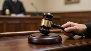 Gavel in a courtroom during an immigration hearing.