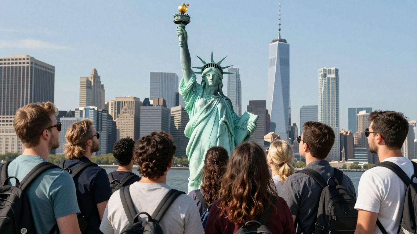 Statue of Liberty and hopeful immigrants in USA