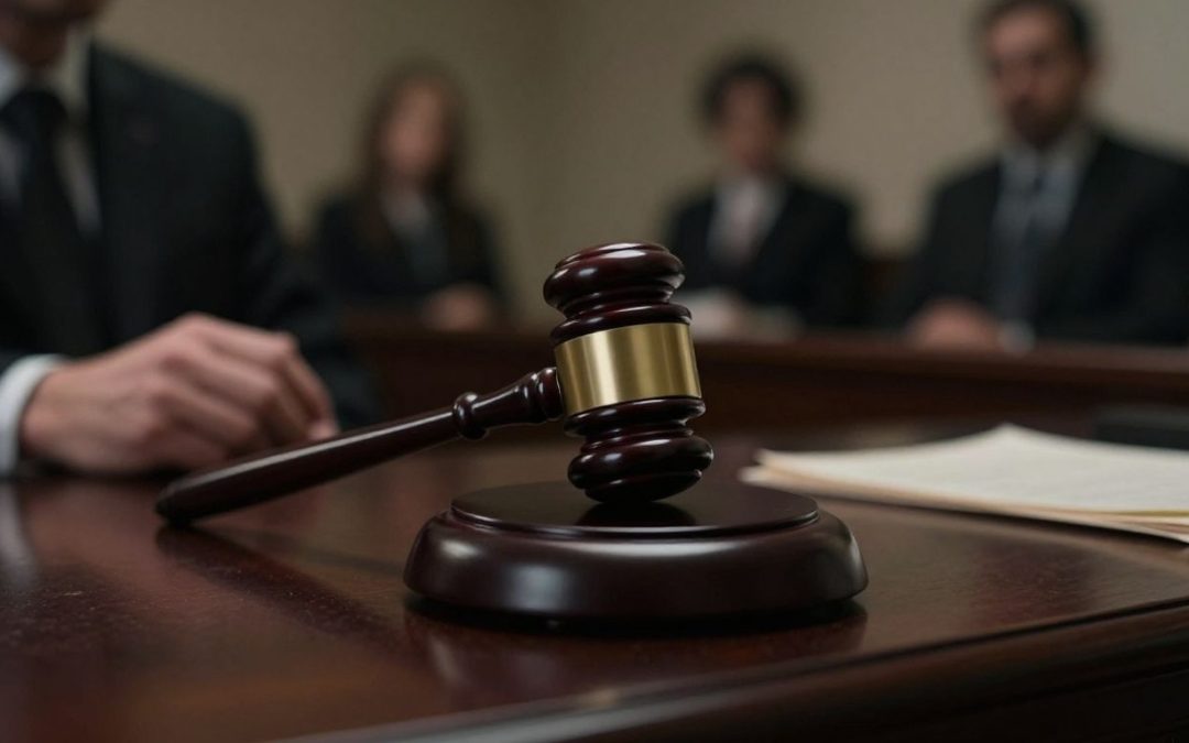Judge's gavel in a courtroom during an immigration hearing.