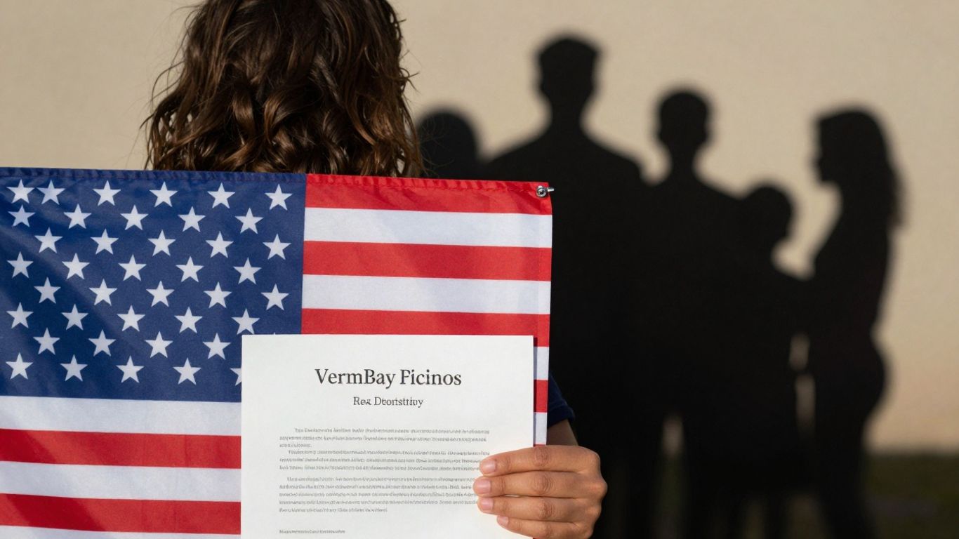 Person with asylum document and family silhouette.