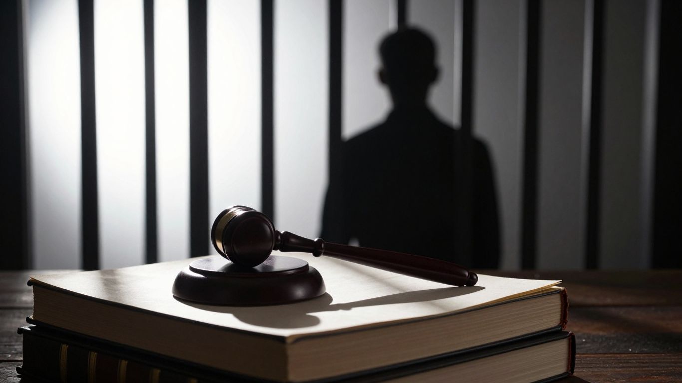 Gavel, legal books, and a figure behind bars.