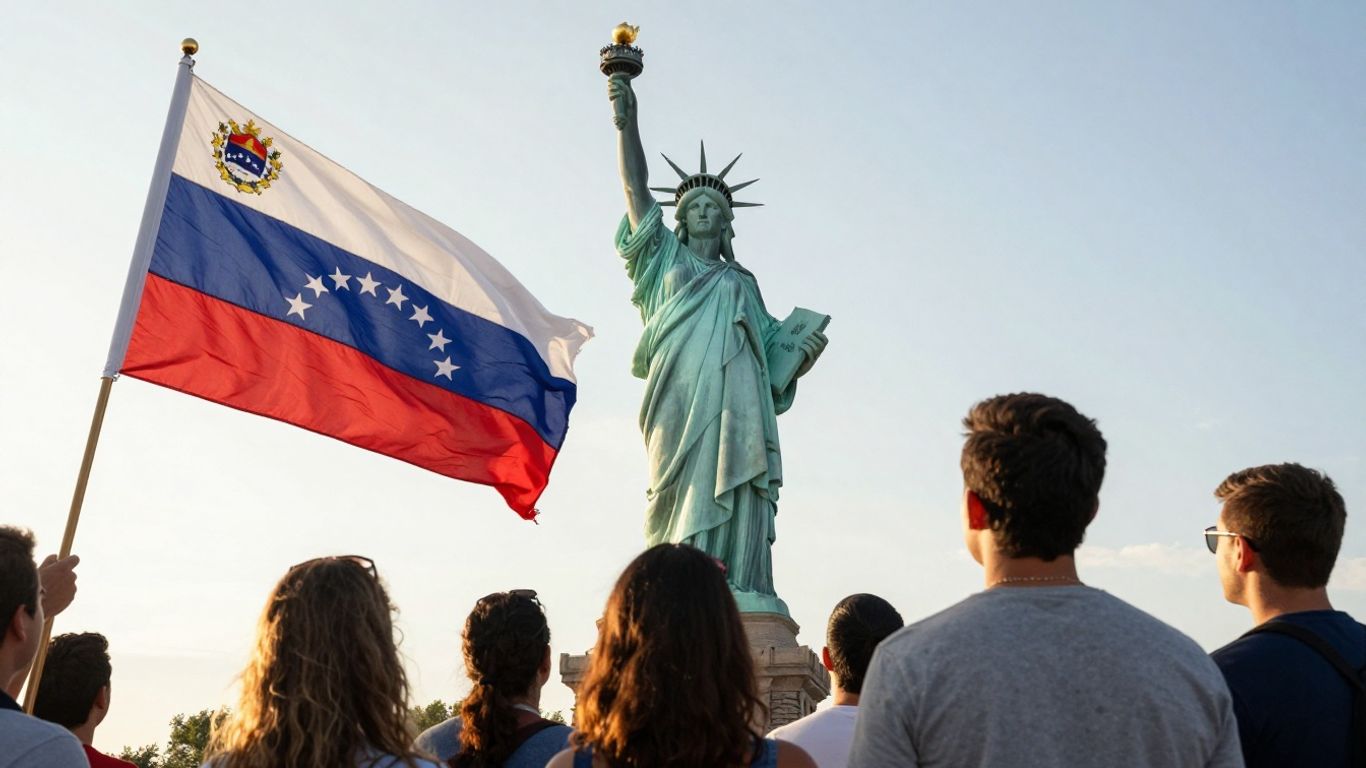 Venezuelan flag and Statue of Liberty with diverse people.