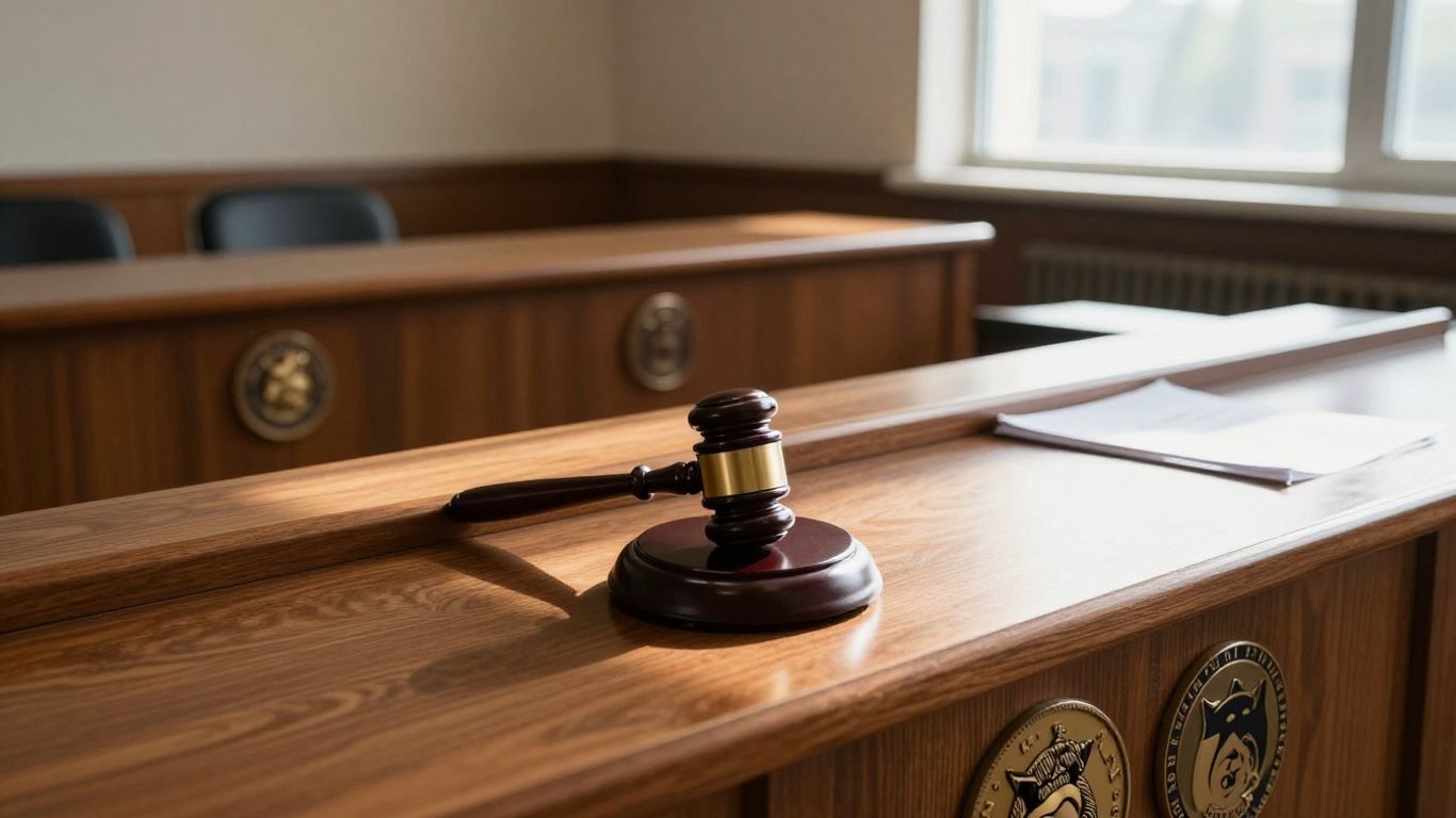 Immigration courtroom interior with judge's bench and gavel.